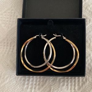 Gold and Silver Hoop Earrings, 14k gold over silver 1.5in dia.